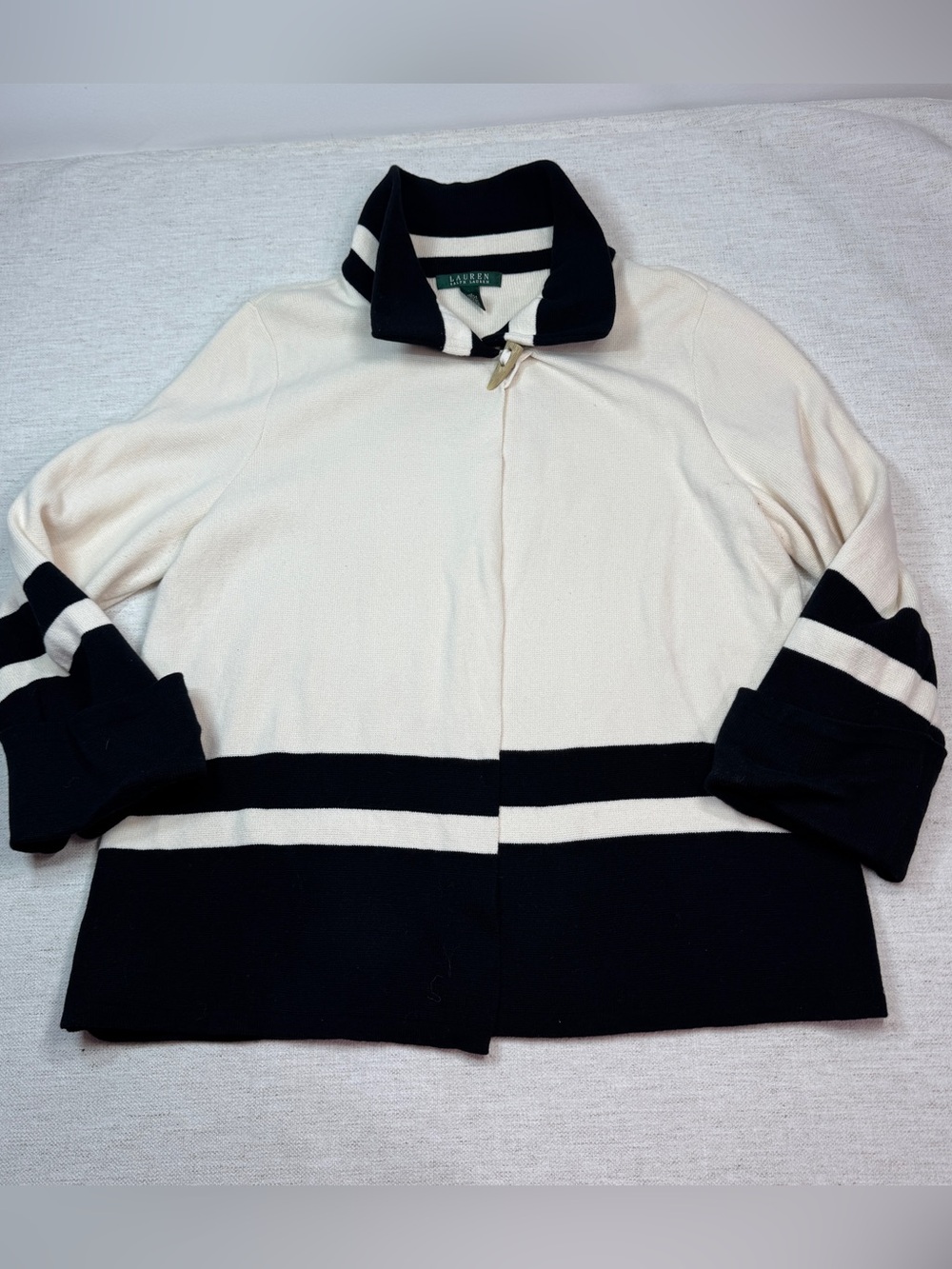 Ralph Lauren women L Cream and Black Striped cardigan sweater cotton long sleeve